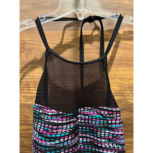 BCG One Piece Bathing Suit Padded Bra Black Fishnet & Print Swimsuit 10 Tie Neck